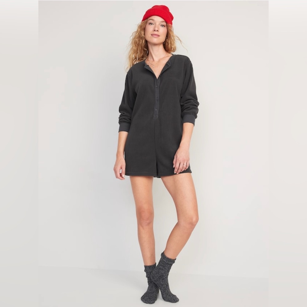 Fleece Henley Pajama Romper, pajama shorts cozy coveralls warm soft